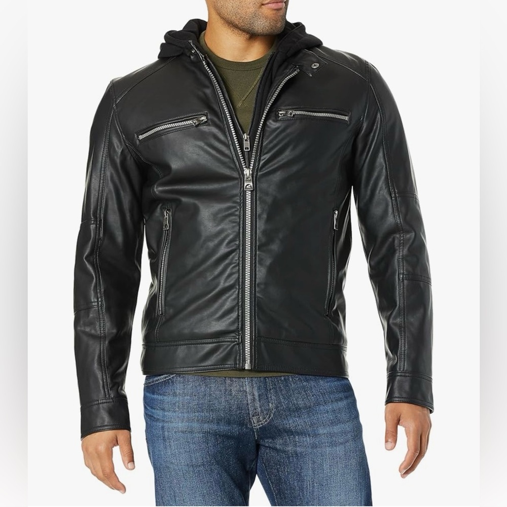Guess Men's Faux Leather Hooded Moto Jacket Sz XL